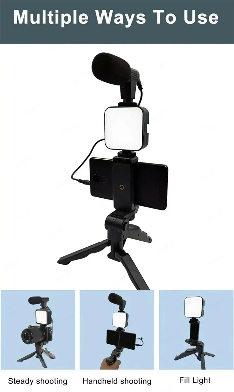 Kit Vidéo VlogMaster | Trépied + Lumière LED + Micro pour Créateurs
